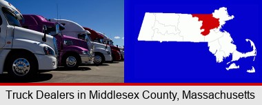 row of semi trucks at a truck dealership; Middlesex County highlighted in red on a map