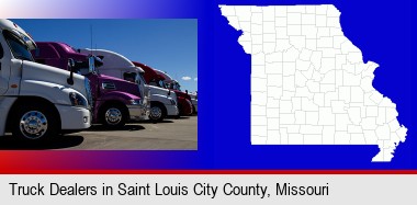 row of semi trucks at a truck dealership; St Louis City highlighted in red on a map