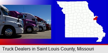 row of semi trucks at a truck dealership; St Francois County highlighted in red on a map