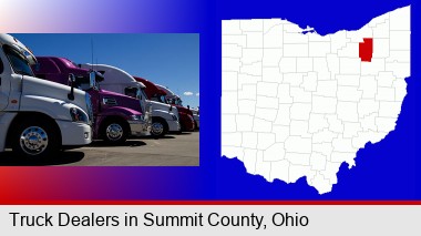 row of semi trucks at a truck dealership; Summit County highlighted in red on a map