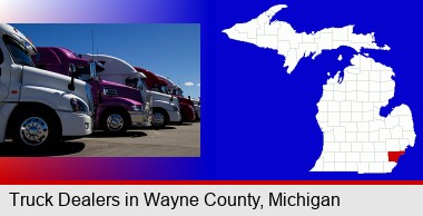 row of semi trucks at a truck dealership; Wayne County highlighted in red on a map