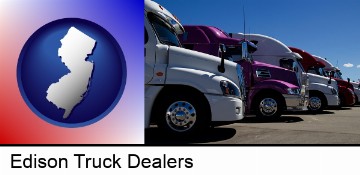 row of semi trucks at a truck dealership in Edison, NJ