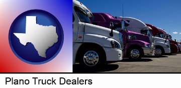 row of semi trucks at a truck dealership in Plano, TX