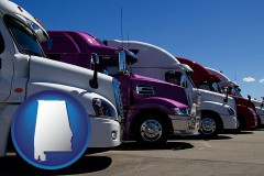 alabama row of semi trucks at a truck dealership