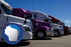 wisconsin map icon and row of semi trucks at a truck dealership