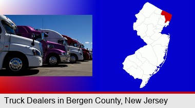 row of semi trucks at a truck dealership; Bergen County highlighted in red on a map