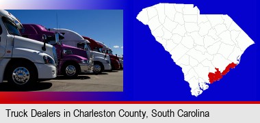row of semi trucks at a truck dealership; Charleston County highlighted in red on a map