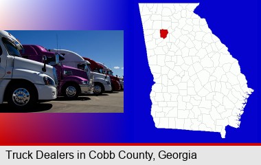 row of semi trucks at a truck dealership; Cobb County highlighted in red on a map