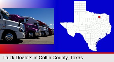 row of semi trucks at a truck dealership; Collin County highlighted in red on a map