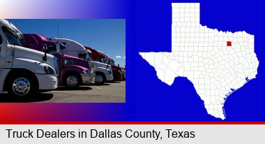 row of semi trucks at a truck dealership; Dallas County highlighted in red on a map