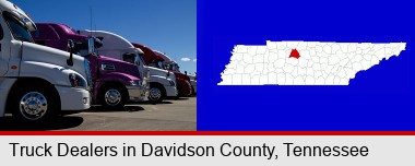 row of semi trucks at a truck dealership; Davidson County highlighted in red on a map