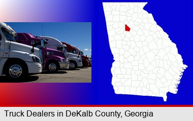 row of semi trucks at a truck dealership; DeKalb County highlighted in red on a map