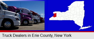 row of semi trucks at a truck dealership; Erie County highlighted in red on a map