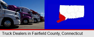 row of semi trucks at a truck dealership; Fairfield County highlighted in red on a map