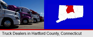 row of semi trucks at a truck dealership; Hartford County highlighted in red on a map