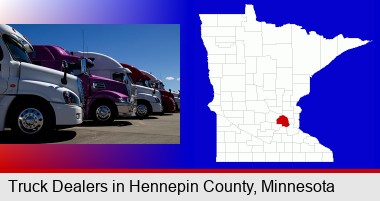 row of semi trucks at a truck dealership; Hennepin County highlighted in red on a map