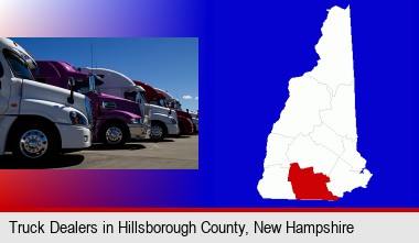 row of semi trucks at a truck dealership; Hillsborough County highlighted in red on a map