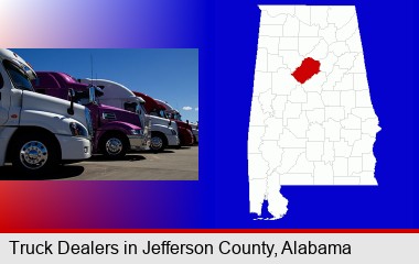 row of semi trucks at a truck dealership; Jefferson County highlighted in red on a map