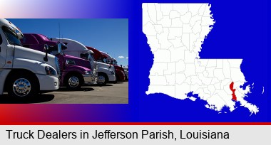 row of semi trucks at a truck dealership; Jefferson Parish highlighted in red on a map