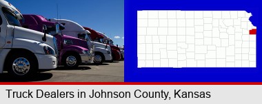 row of semi trucks at a truck dealership; Johnson County highlighted in red on a map