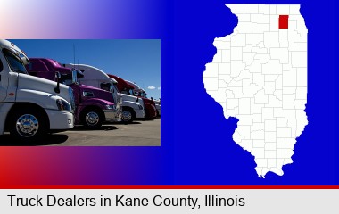 row of semi trucks at a truck dealership; Kane County highlighted in red on a map