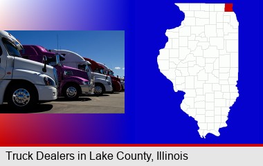 row of semi trucks at a truck dealership; LaSalle County highlighted in red on a map