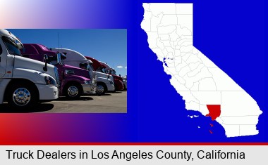 row of semi trucks at a truck dealership; Los Angeles County highlighted in red on a map