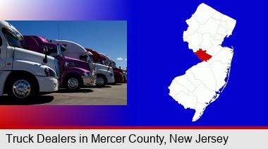 row of semi trucks at a truck dealership; Mercer County highlighted in red on a map