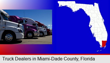 row of semi trucks at a truck dealership; Miami-Dade County highlighted in red on a map