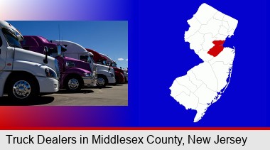 row of semi trucks at a truck dealership; Middlesex County highlighted in red on a map