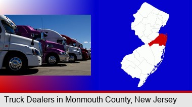 row of semi trucks at a truck dealership; Monmouth County highlighted in red on a map