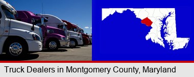 row of semi trucks at a truck dealership; Montgomery County highlighted in red on a map