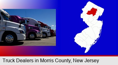 row of semi trucks at a truck dealership; Morris County highlighted in red on a map
