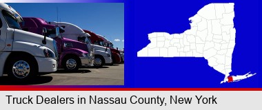 row of semi trucks at a truck dealership; Nassau County highlighted in red on a map