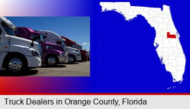 row of semi trucks at a truck dealership; Orange County highlighted in red on a map