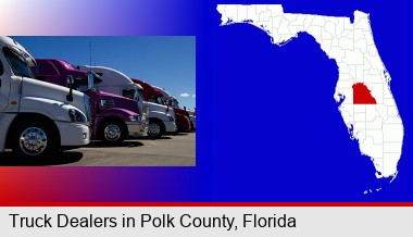 row of semi trucks at a truck dealership; Polk County highlighted in red on a map