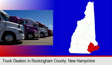 row of semi trucks at a truck dealership; Rockingham County highlighted in red on a map
