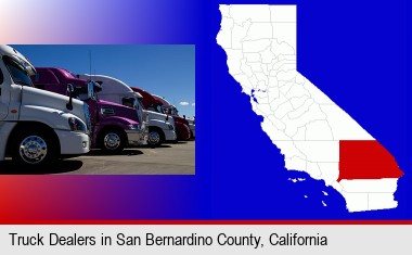 row of semi trucks at a truck dealership; San Bernardino County highlighted in red on a map
