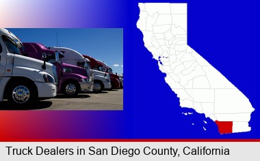 row of semi trucks at a truck dealership; San Diego County highlighted in red on a map