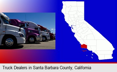 row of semi trucks at a truck dealership; Santa Barbara County highlighted in red on a map