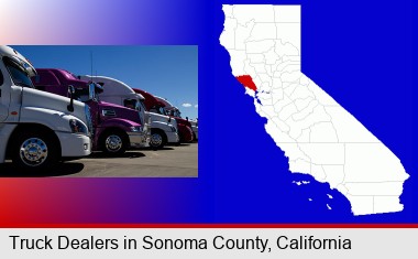 row of semi trucks at a truck dealership; Sonoma County highlighted in red on a map