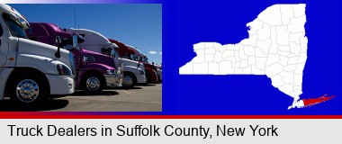 row of semi trucks at a truck dealership; Suffolk County highlighted in red on a map