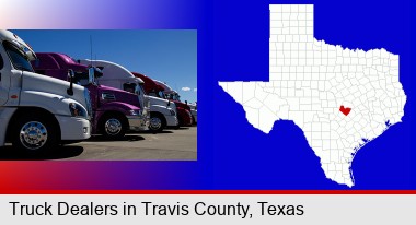 row of semi trucks at a truck dealership; Travis County highlighted in red on a map