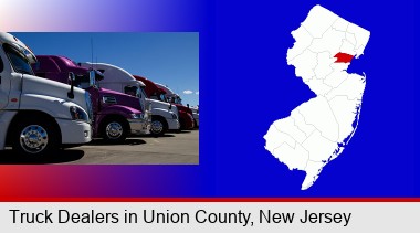 row of semi trucks at a truck dealership; Union County highlighted in red on a map