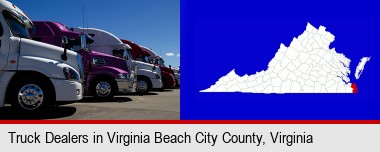row of semi trucks at a truck dealership; Virginia Beach City County highlighted in red on a map