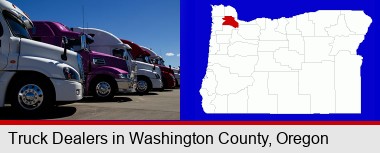 row of semi trucks at a truck dealership; Washington County highlighted in red on a map