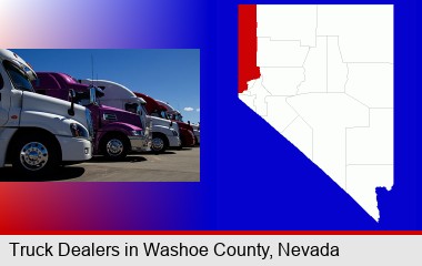 row of semi trucks at a truck dealership; Washoe County highlighted in red on a map